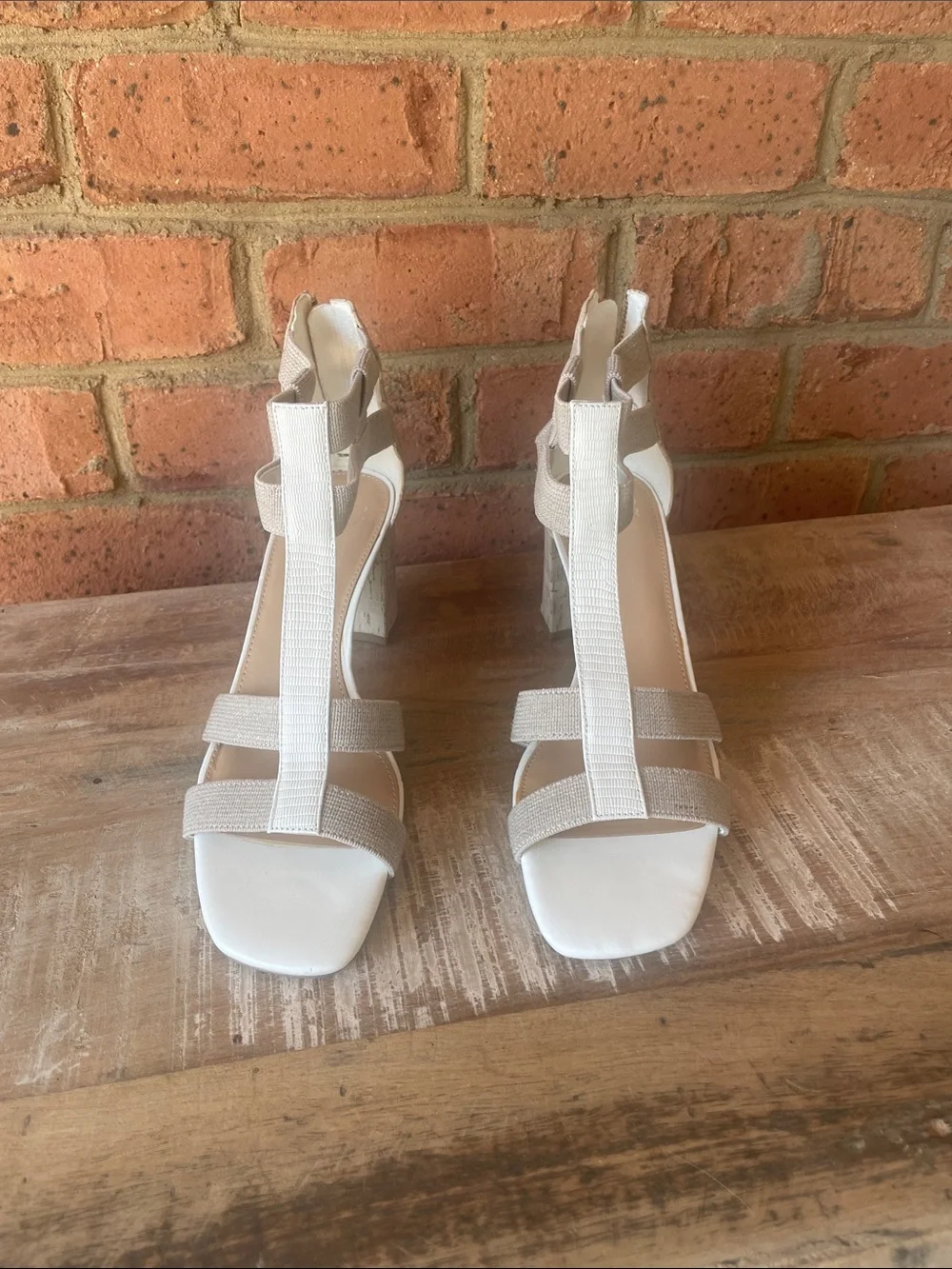 Donald J. Pliner White and Beige Strappy Block Heel Sandals